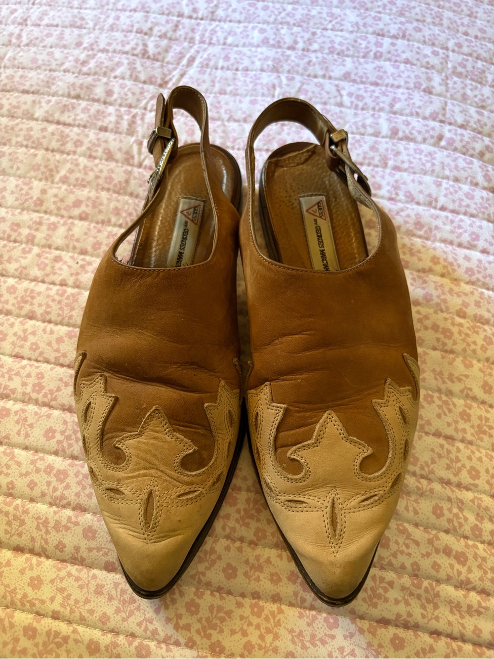 Guess by Marciano Two-Tone Brown and Tan Leather Slingback Mules